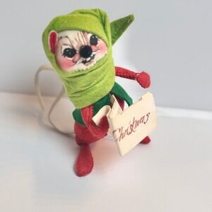 Vintage 65' Annalee Mobilitee Christmas Caroler Mouse Felt Doll 6"Green Red Gift